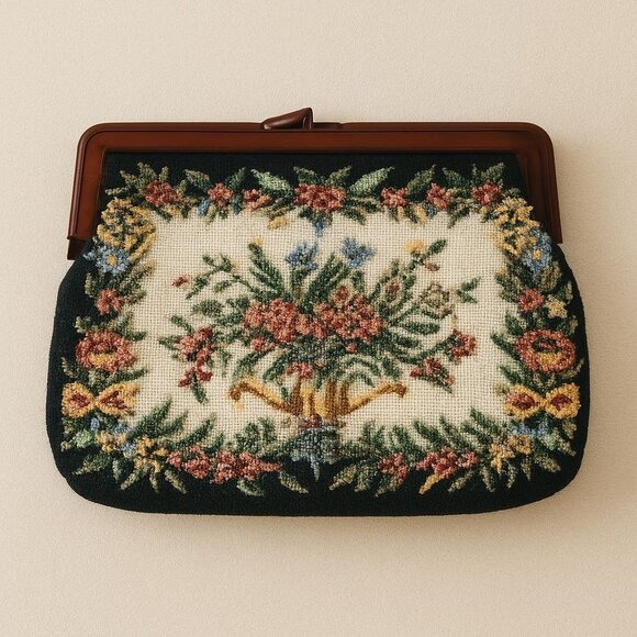 VTG 1950s Needlepoint Tapestry Clutch Floral Purse Tortoise Shell Frame Handbag - Picture 2 of 14